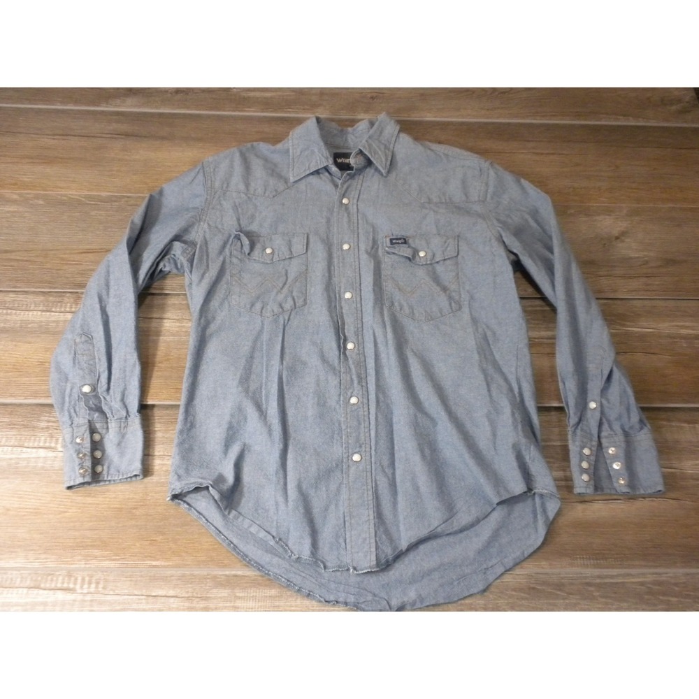 Wrangler Shirt Mens L Blue Cowboy Cut Western Chambray Work Pearl Snap Yokes